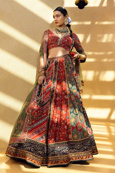 Kalista Multi Color Blouse And Lehenga Skirt Natural Silk Printed Ahilya Bridal Set 