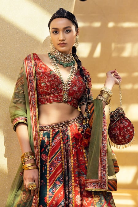 Kalista Multi Color Blouse And Lehenga Skirt Natural Silk, Ahilya Printed Bridal Set Online at Aza Fashions Kalista_Multi Color Blouse And Lehenga Skirt Natural Silk, Ahilya Printed Bridal Set _Online_at_Aza_Fashions