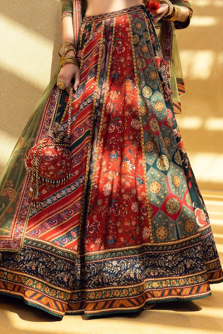 Shop Kalista Multi Color Blouse And Lehenga Skirt Natural Silk, Ahilya Printed Bridal Set Online at Aza Fashions Shop_Kalista_Multi Color Blouse And Lehenga Skirt Natural Silk, Ahilya Printed Bridal Set _Online_at_Aza_Fashions