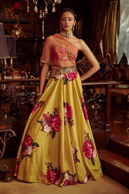 Kalista_Yellow Floral Motifs One Shoulder Erum Draped Choli And Lehenga Set _Online_at_Aza_Fashions