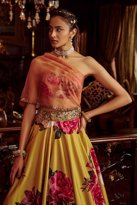 Buy_Kalista_Yellow Floral Motifs One Shoulder Erum Draped Choli And Lehenga Set _Online_at_Aza_Fashions