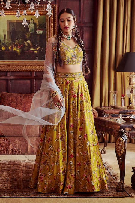 Mustard Yellow Lehenga Choli & Koti with Mirror Work - Urban Womania