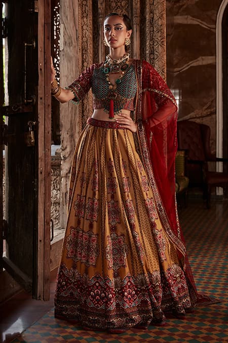 Kalista Yellow Blouse And Lehenga Viscose Silk Hand Embroidered Samaira Bridal Set 