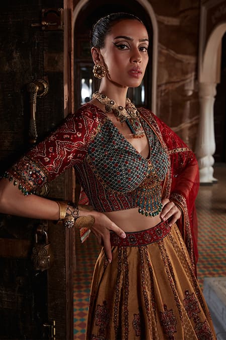 Shop Kalista Yellow Blouse And Lehenga Viscose Silk, Samaira Hand Embroidered Bridal Set Online at Aza Fashions Shop_Kalista_Yellow Blouse And Lehenga Viscose Silk, Samaira Hand Embroidered Bridal Set _Online_at_Aza_Fashions