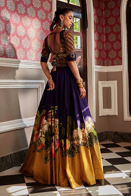 Kalista_Blue Blouse And Lehenga Viscose Silk, Aria Miniature Mughal Pattern Bridal Set _Online_at_Aza_Fashions