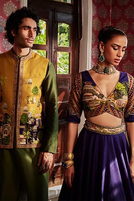 Buy_Kalista_Blue Blouse And Lehenga Viscose Silk, Aria Miniature Mughal Pattern Bridal Set _Online_at_Aza_Fashions