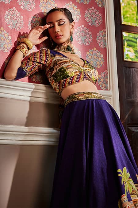 Shop_Kalista_Blue Blouse And Lehenga Viscose Silk, Aria Miniature Mughal Pattern Bridal Set _Online_at_Aza_Fashions