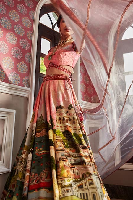 Kalista_Pink Blouse And Lehenga Viscose Pakeeza Miniature Mughal Pattern Bridal Set _Online_at_Aza_Fashions