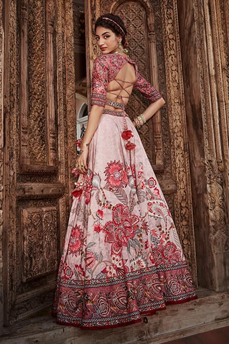Shop_Kalista_Pink Blouse And Lehenga Viscose Silk, Dupatta Net Ayra Chintz Bridal Set _at_Aza_Fashions