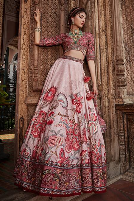 Buy_Kalista_Pink Blouse And Lehenga Viscose Silk, Dupatta Net Ayra Chintz Bridal Set _Online_at_Aza_Fashions