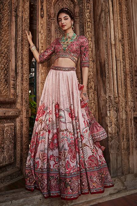 Shop_Kalista_Pink Blouse And Lehenga Viscose Silk, Dupatta Net Ayra Chintz Bridal Set _Online_at_Aza_Fashions