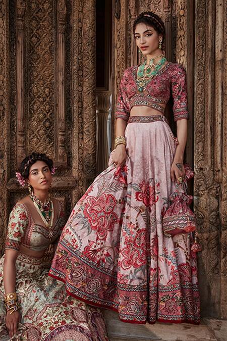 Kalista_Pink Blouse And Lehenga Viscose Silk, Dupatta Net Ayra Chintz Bridal Set _at_Aza_Fashions