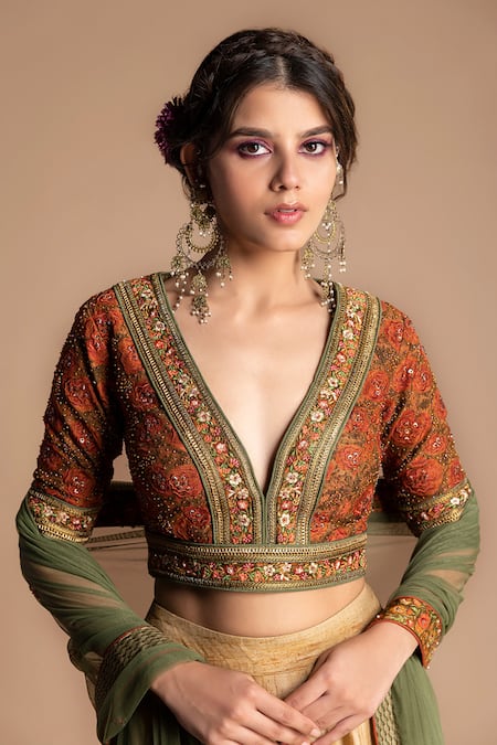 Kalista_Beige Dola , 40%, Viscose 60% V Neck Printed Lehenga Set _Online_at_Aza_Fashions