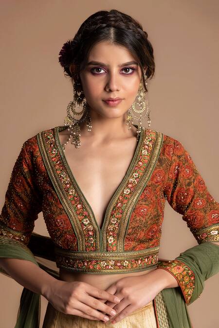 Buy_Kalista_Beige Dola , 40%, Viscose 60% V Neck Printed Lehenga Set _Online_at_Aza_Fashions
