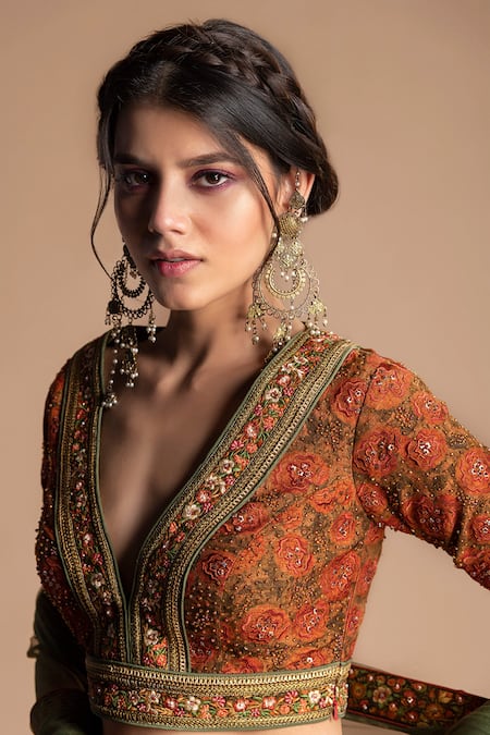 Shop_Kalista_Beige Dola , 40%, Viscose 60% V Neck Printed Lehenga Set _Online_at_Aza_Fashions