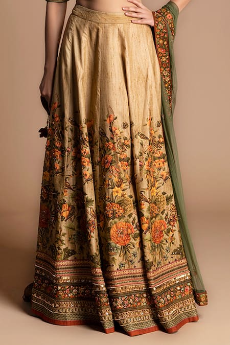 Kalista_Beige Dola , 40%, Viscose 60% V Neck Printed Lehenga Set _at_Aza_Fashions
