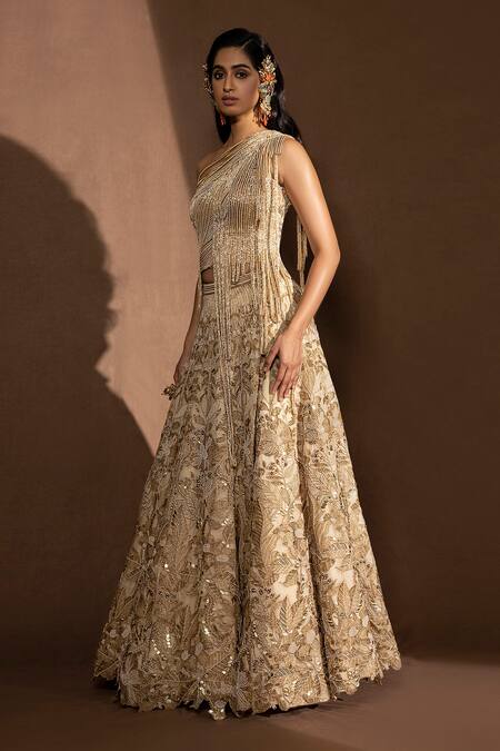 Abhishek Sharma_Beige Silk Organza, Dupatta Net Katana Work And Beaded Embroidered Lehenga Set_Online_at_Aza_Fashions