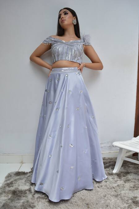 Parul Gandhi_Blue Dutch Satin V Neck Embroidered Off Shoulder Lehenga Set _Online_at_Aza_Fashions