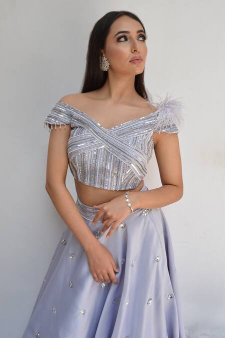 Buy_Parul Gandhi_Blue Dutch Satin V Neck Embroidered Off Shoulder Lehenga Set _Online_at_Aza_Fashions