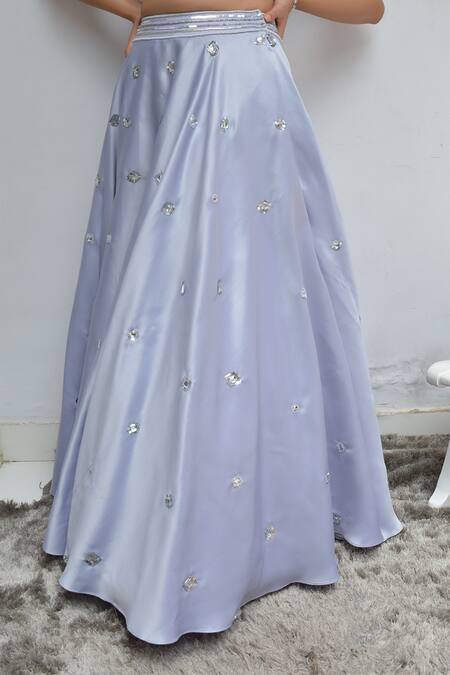 Shop_Parul Gandhi_Blue Dutch Satin V Neck Embroidered Off Shoulder Lehenga Set _Online_at_Aza_Fashions