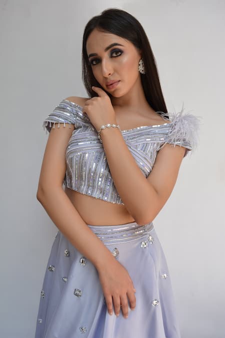 Parul Gandhi_Blue Dutch Satin V Neck Embroidered Off Shoulder Lehenga Set _at_Aza_Fashions