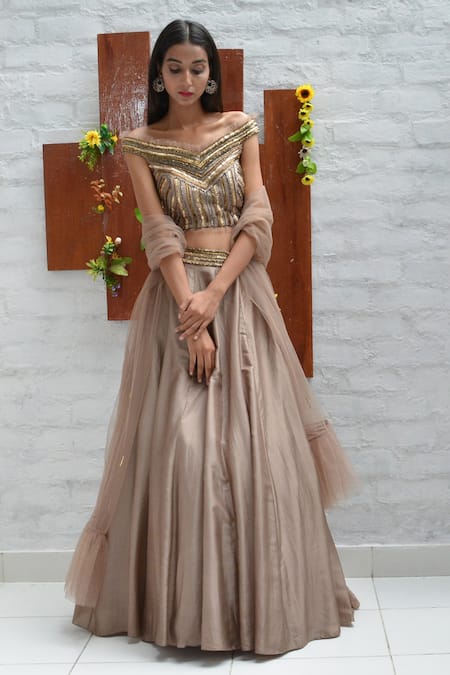 Shop_Parul Gandhi_Brown Net, Paper Silk V Neck Embroidered Off Shoulder Lehenga Set _at_Aza_Fashions