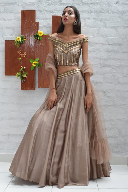 Parul Gandhi_Brown Net, Paper Silk V Neck Embroidered Off Shoulder Lehenga Set _Online_at_Aza_Fashions