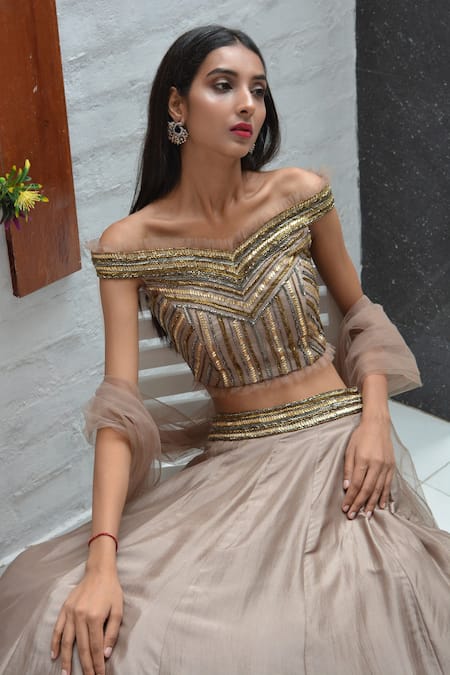 Buy_Parul Gandhi_Brown Net, Paper Silk V Neck Embroidered Off Shoulder Lehenga Set _Online_at_Aza_Fashions