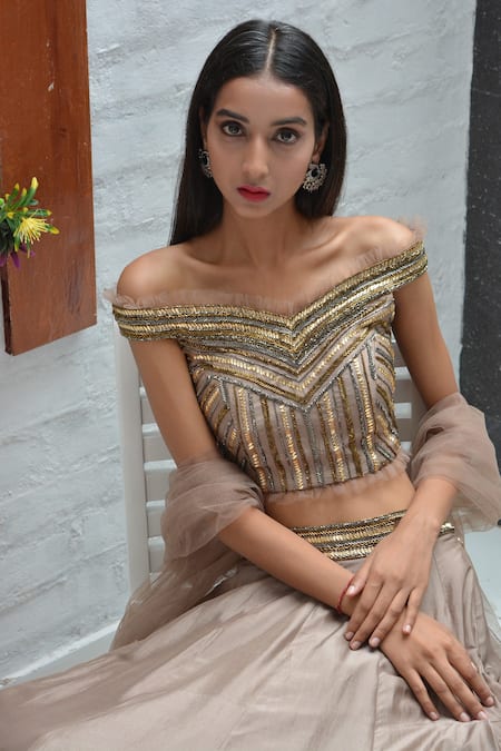Shop_Parul Gandhi_Brown Net, Paper Silk V Neck Embroidered Off Shoulder Lehenga Set _Online_at_Aza_Fashions