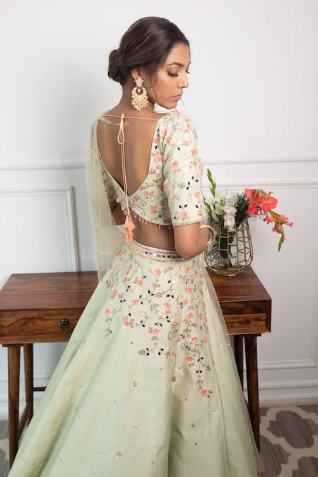 Shop Parul Gandhi Green Pure Raw Silk Sweetheart Neck Embroidered Lehenga Set at Aza Fashions Shop_Parul Gandhi_Green Pure Raw Silk Sweetheart Neck Embroidered Lehenga Set _at_Aza_Fashions