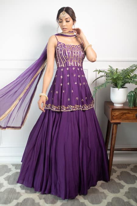 Shop Parul Gandhi Purple Paper Silk Scoop Neck Embroidered Peplum Lehenga Set at Aza Fashions Shop_Parul Gandhi_Purple Paper Silk Scoop Neck Embroidered Peplum Lehenga Set _at_Aza_Fashions