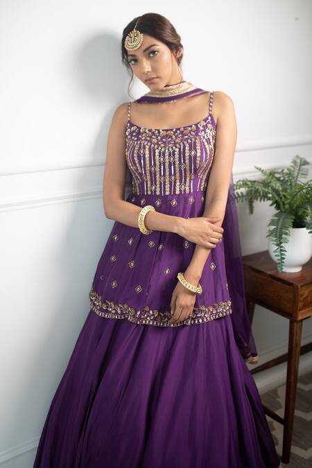 Parul Gandhi Purple Paper Silk Scoop Neck Embroidered Peplum Lehenga Set Online at Aza Fashions Parul Gandhi_Purple Paper Silk Scoop Neck Embroidered Peplum Lehenga Set _Online_at_Aza_Fashions