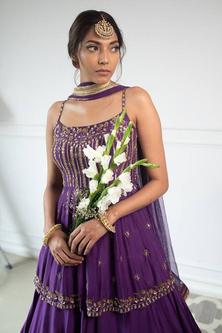 Buy Parul Gandhi Purple Paper Silk Scoop Neck Embroidered Peplum Lehenga Set Online at Aza Fashions Buy_Parul Gandhi_Purple Paper Silk Scoop Neck Embroidered Peplum Lehenga Set _Online_at_Aza_Fashions