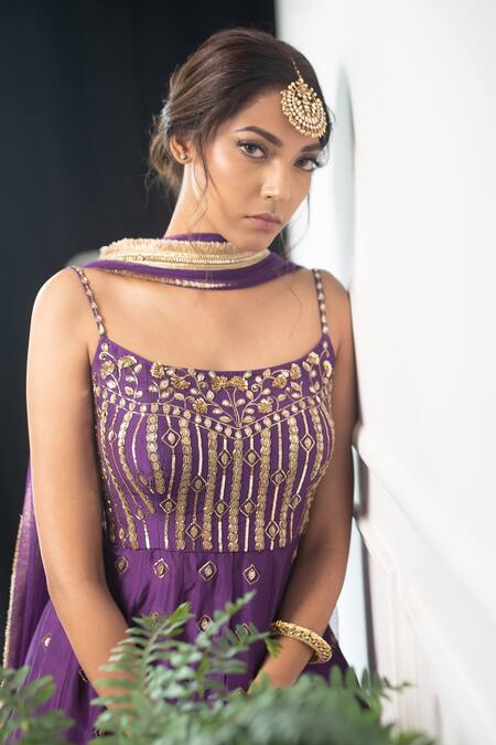Shop Parul Gandhi Purple Paper Silk Scoop Neck Embroidered Peplum Lehenga Set Online at Aza Fashions Shop_Parul Gandhi_Purple Paper Silk Scoop Neck Embroidered Peplum Lehenga Set _Online_at_Aza_Fashions