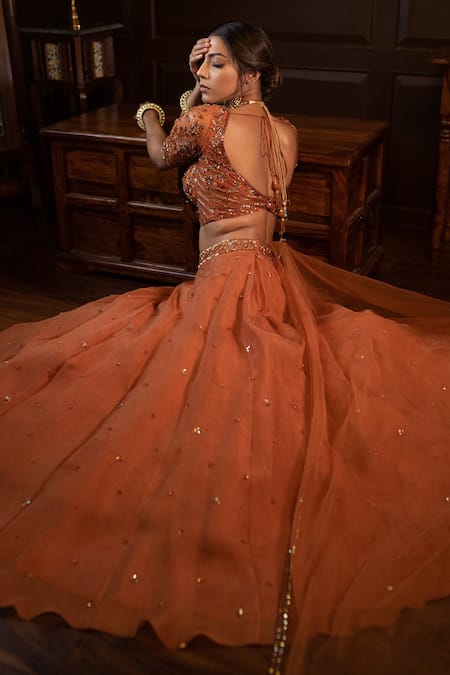 Shop_PARUL GANDHI_Orange Organza V Neck Embroidered Lehenga Set _at_Aza_Fashions