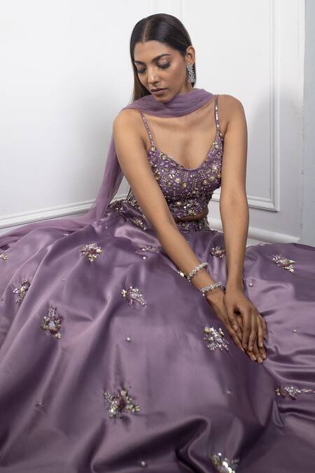 Parul Gandhi_Purple Dutch Satin V Neck Embroidered Lehenga Set _Online_at_Aza_Fashions