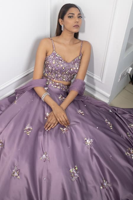 Buy_Parul Gandhi_Purple Dutch Satin V Neck Embroidered Lehenga Set _Online_at_Aza_Fashions