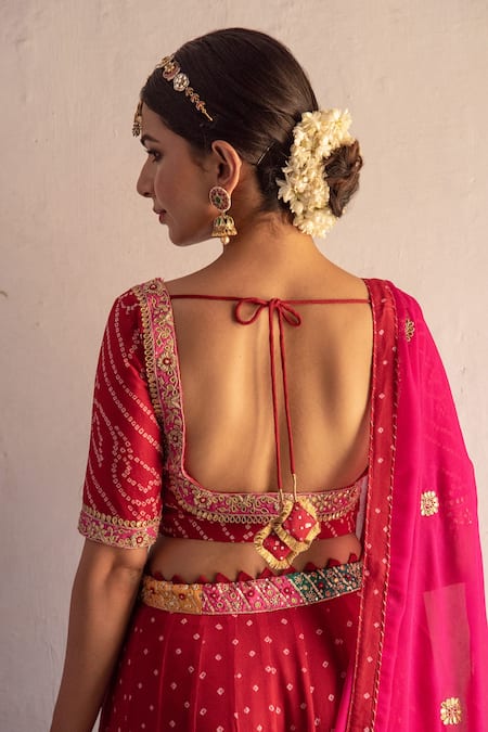 Shop_Apeksha Jain Label_Red Georgette Gota Work, Sequins Square Neck Bandhej Bridal Lehenga Set _at_Aza_Fashions