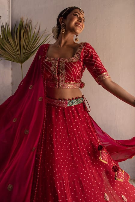 Apeksha Jain Label_Red Georgette Gota Work, Sequins Square Neck Bandhej Bridal Lehenga Set _Online_at_Aza_Fashions