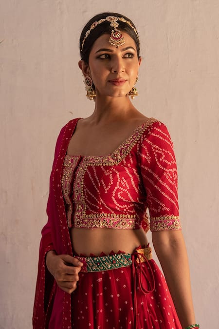 Shop_Apeksha Jain Label_Red Georgette Gota Work, Sequins Square Neck Bandhej Bridal Lehenga Set _Online_at_Aza_Fashions