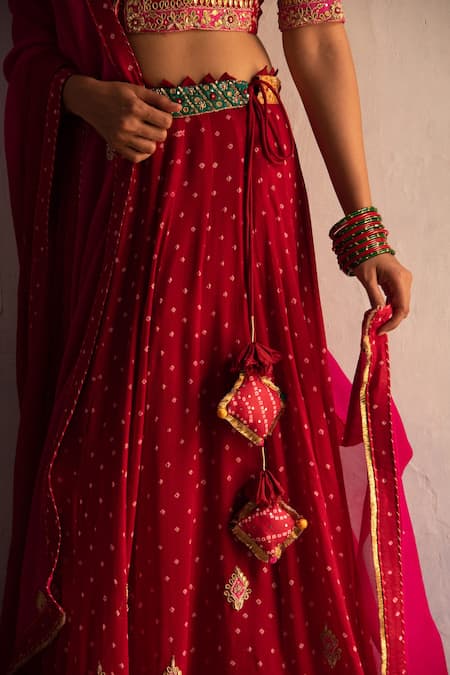 Apeksha Jain Label_Red Georgette Gota Work, Sequins Square Neck Bandhej Bridal Lehenga Set _at_Aza_Fashions