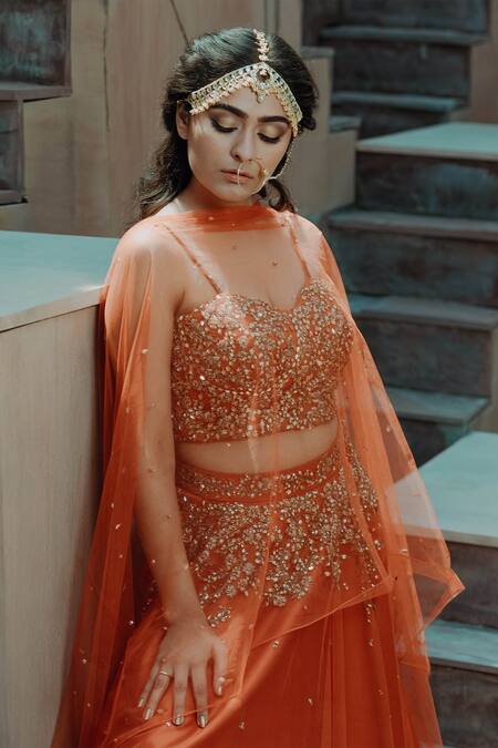 Parul Gandhi_Orange Net, Tulle, Dutch Satin V Neck Embroidered Lehenga Set _Online_at_Aza_Fashions
