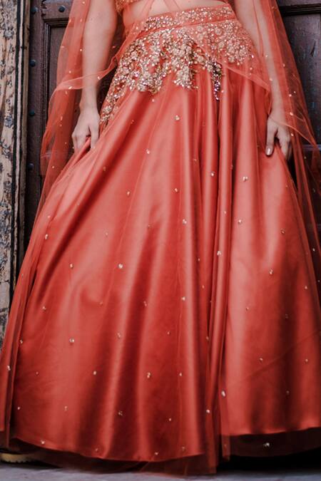 Buy_Parul Gandhi_Orange Net, Tulle, Dutch Satin V Neck Embroidered Lehenga Set _Online_at_Aza_Fashions