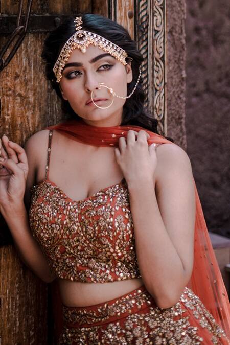 Shop_Parul Gandhi_Orange Net, Tulle, Dutch Satin V Neck Embroidered Lehenga Set _Online_at_Aza_Fashions