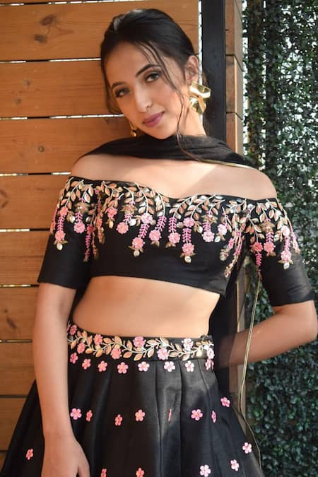 Shop Parul Gandhi Black Raw Silk Sweetheart Neck Embroidered Off Shoulder Lehenga Set at Aza Fashions Shop_Parul Gandhi_Black Raw Silk Sweetheart Neck Embroidered Off Shoulder Lehenga Set _at_Aza_Fashions