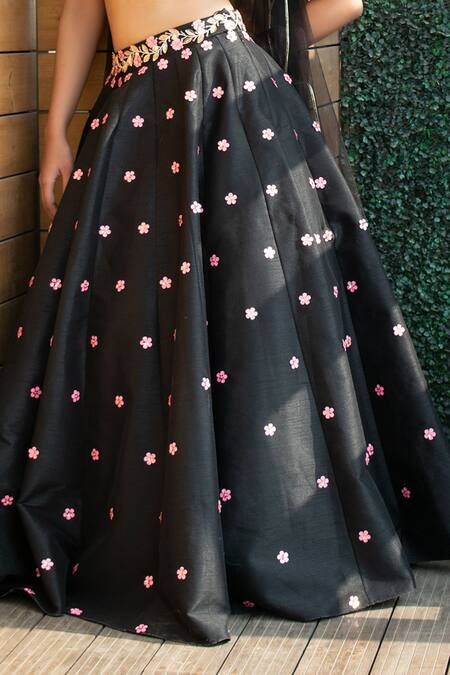 Parul Gandhi Black Raw Silk Sweetheart Neck Embroidered Off Shoulder Lehenga Set Online at Aza Fashions Parul Gandhi_Black Raw Silk Sweetheart Neck Embroidered Off Shoulder Lehenga Set _Online_at_Aza_Fashions