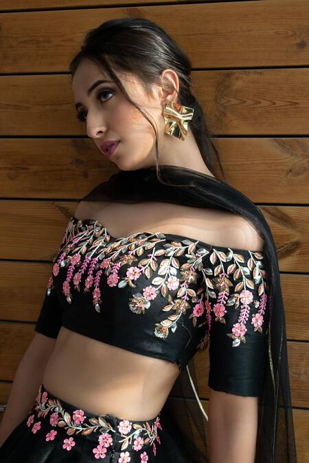 Buy Parul Gandhi Black Raw Silk Sweetheart Neck Embroidered Off Shoulder Lehenga Set Online at Aza Fashions Buy_Parul Gandhi_Black Raw Silk Sweetheart Neck Embroidered Off Shoulder Lehenga Set _Online_at_Aza_Fashions