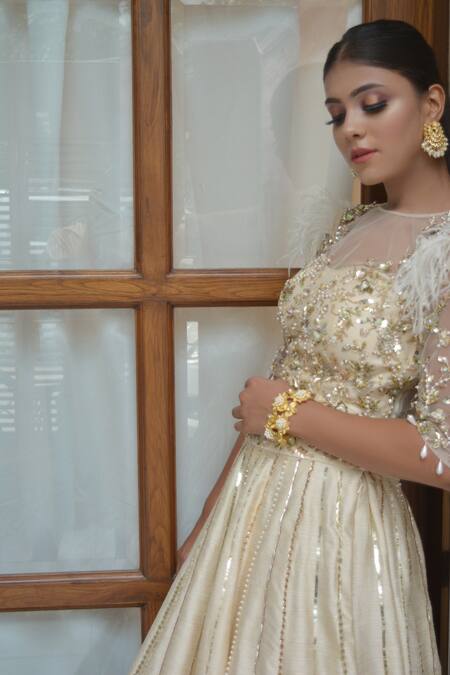 Parul Gandhi_Beige Raw Silk, Mesh Round Embroidered Lehenga Set_Online_at_Aza_Fashions