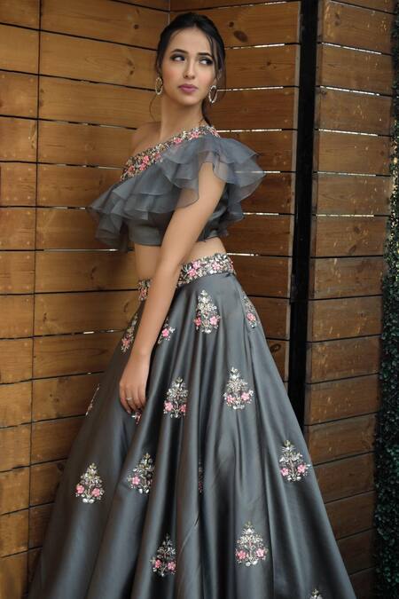 Shop_Parul Gandhi_Grey Dutch Satin Asymmetric Embroidered One Shoulder Lehenga Set _at_Aza_Fashions