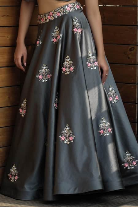 Parul Gandhi_Grey Dutch Satin Asymmetric Embroidered One Shoulder Lehenga Set _Online_at_Aza_Fashions